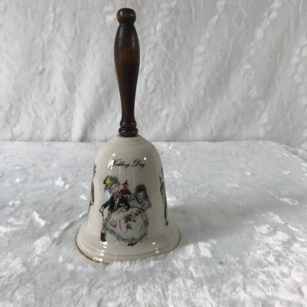 Vintage Wedding Day Ceramic Bell Wooden Handle 4 different scenes  painted